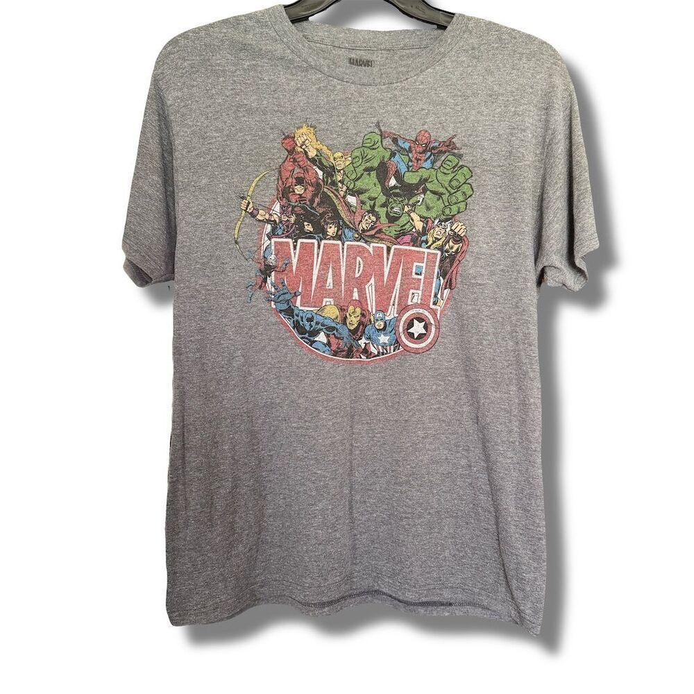 Marvel Men's Superheroes Comic T-Shirt Gray L Spider-Man Hulk Iron Man